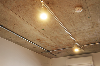 コンクリートの天井に取り付けられたスポットライトは光の調整も自由自在
