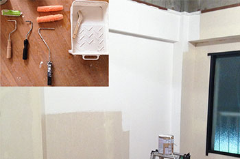 壁はクロスをはがした上からローラー（左上）を使って白いペンキを塗装。室内を広くみせるために廻り縁（木枠部分）も白く塗っている